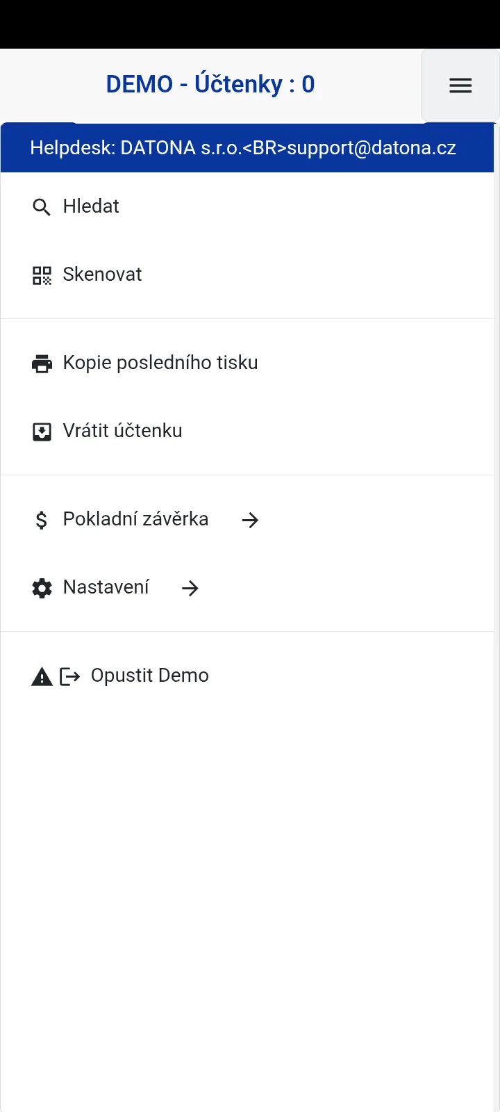 Menu pokladny s položkou Opustit Demo